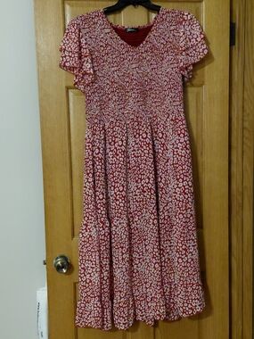Red and White Printed V-Neck Midi Dress